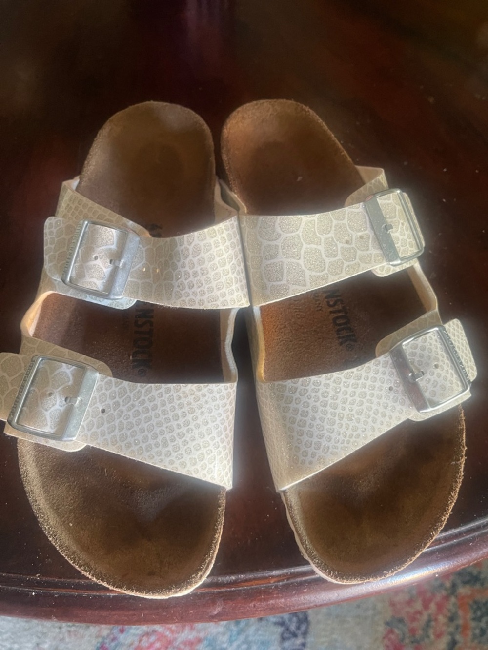 Birkenstock womens Double-Buckle Sandals in Light Beige Croc-Emboss